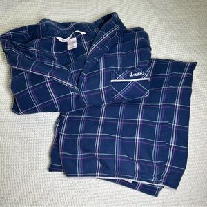 Victoria's Secret Pajama Set Sz Small Long Blue Plaid Cotton Modal LS Button Up